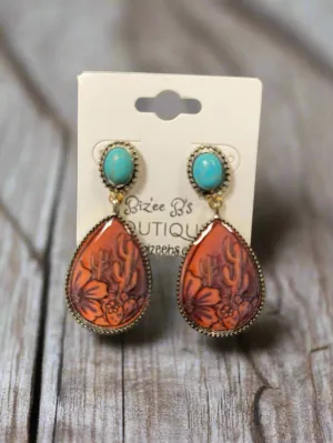 Cactus Tooled Leather & Stone Earrings