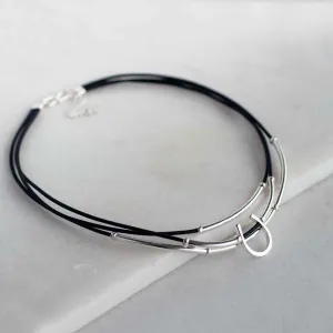 Calista - Black Leather and Sterling Silver Cord Horseshoe Pendant Necklace