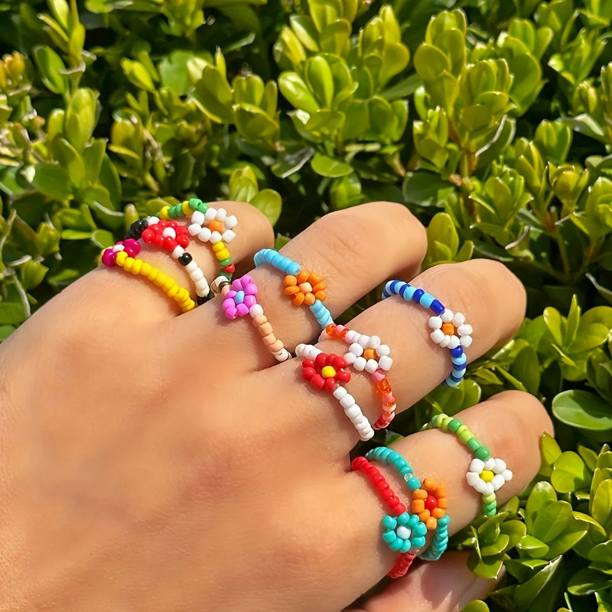 Colorful Boho Beaded Flower Ring Set - 12pcs