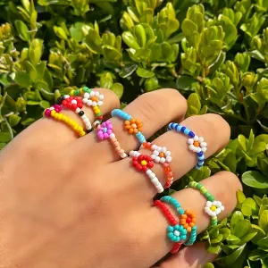 Colorful Boho Beaded Flower Ring Set - 12pcs