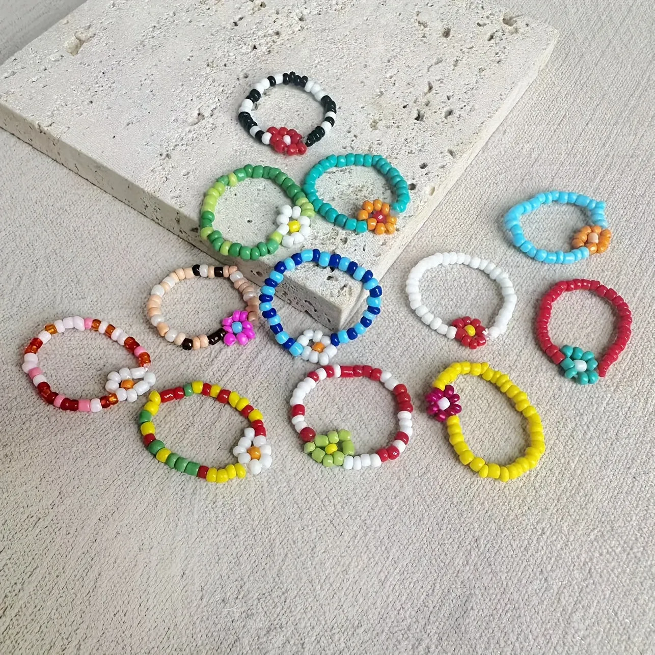 Colorful Boho Beaded Flower Ring Set - 12pcs