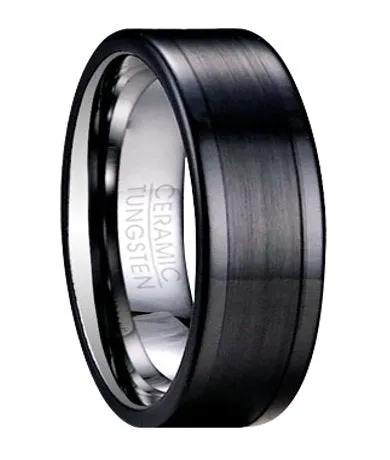 Contemporary Tungsten Wedding Band with Black Ceramic Overlay | 8mm