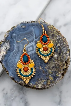 Coral Mustard And Turquoise Beads Earrings