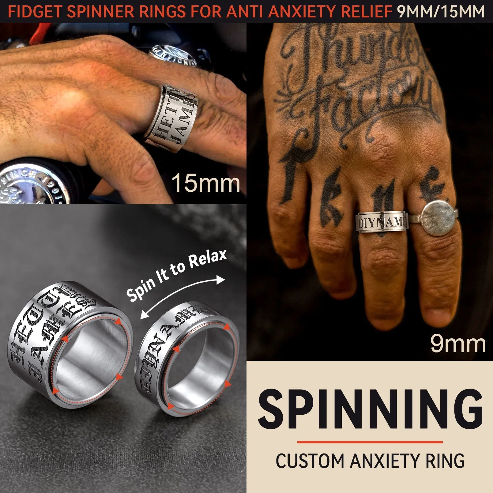 Custom Fidget Spinner Anxiety Rings for Men Women, 9mm/15mm