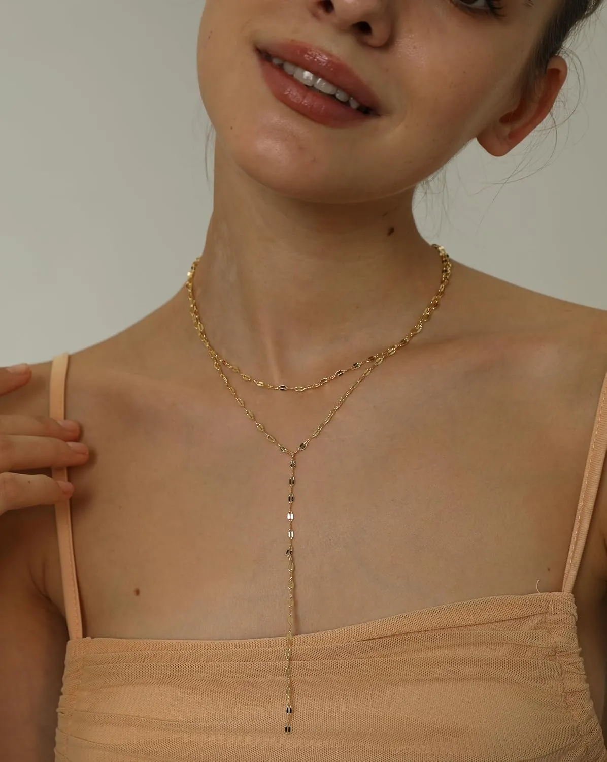 Dainty Gold Necklace for Women, Cute Long Necklace 14K Gold Plated CZ Lips Bead Y Shaped Lariat Necklace Simple Gold Choker Necklace Aesthetic Drop Necklace Trendy Gold Jewelry for Women