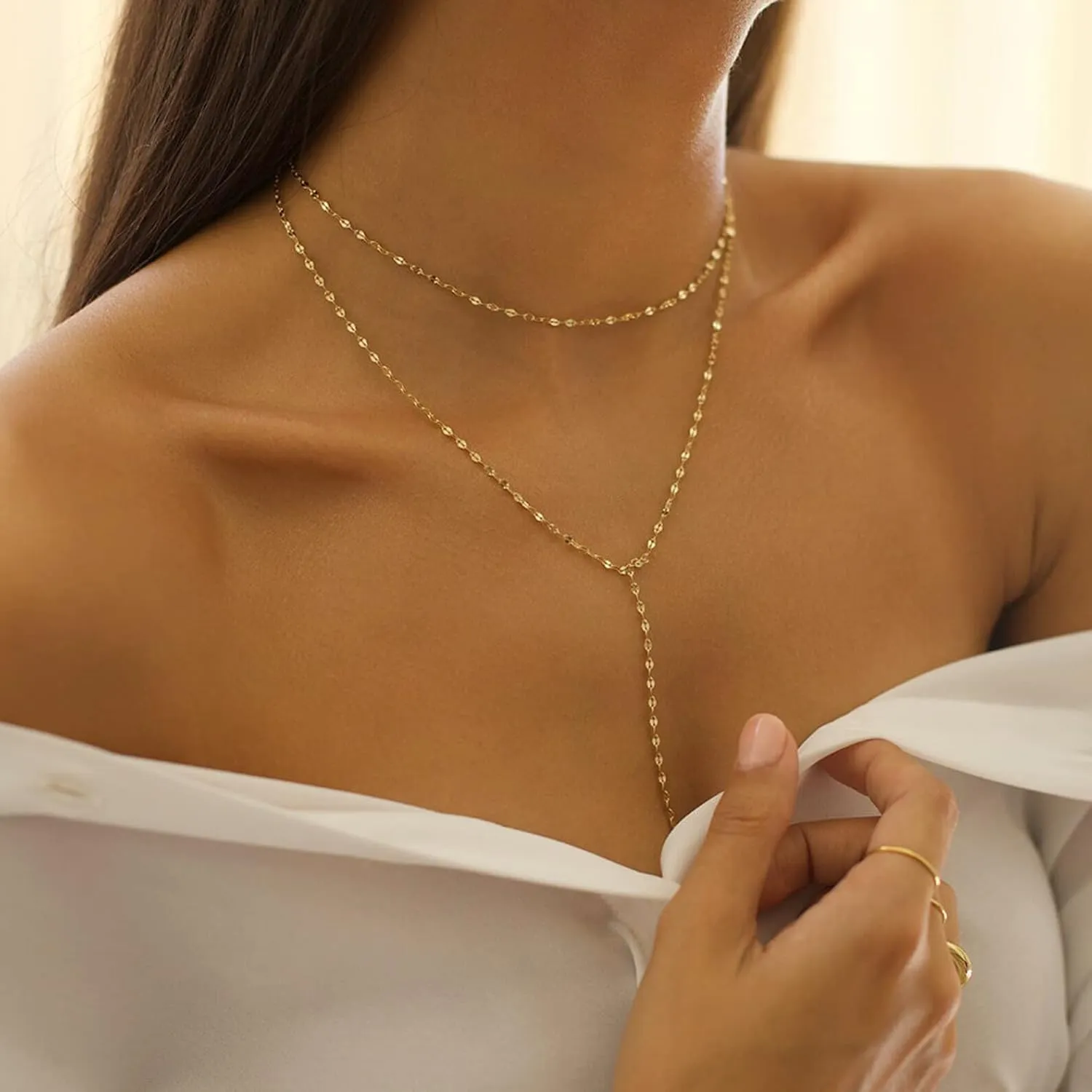 Dainty Gold Necklace for Women, Cute Long Necklace 14K Gold Plated CZ Lips Bead Y Shaped Lariat Necklace Simple Gold Choker Necklace Aesthetic Drop Necklace Trendy Gold Jewelry for Women