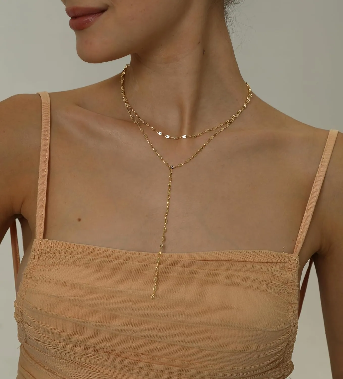 Dainty Gold Necklace for Women, Cute Long Necklace 14K Gold Plated CZ Lips Bead Y Shaped Lariat Necklace Simple Gold Choker Necklace Aesthetic Drop Necklace Trendy Gold Jewelry for Women