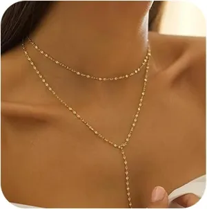 Dainty Gold Necklace for Women, Cute Long Necklace 14K Gold Plated CZ Lips Bead Y Shaped Lariat Necklace Simple Gold Choker Necklace Aesthetic Drop Necklace Trendy Gold Jewelry for Women