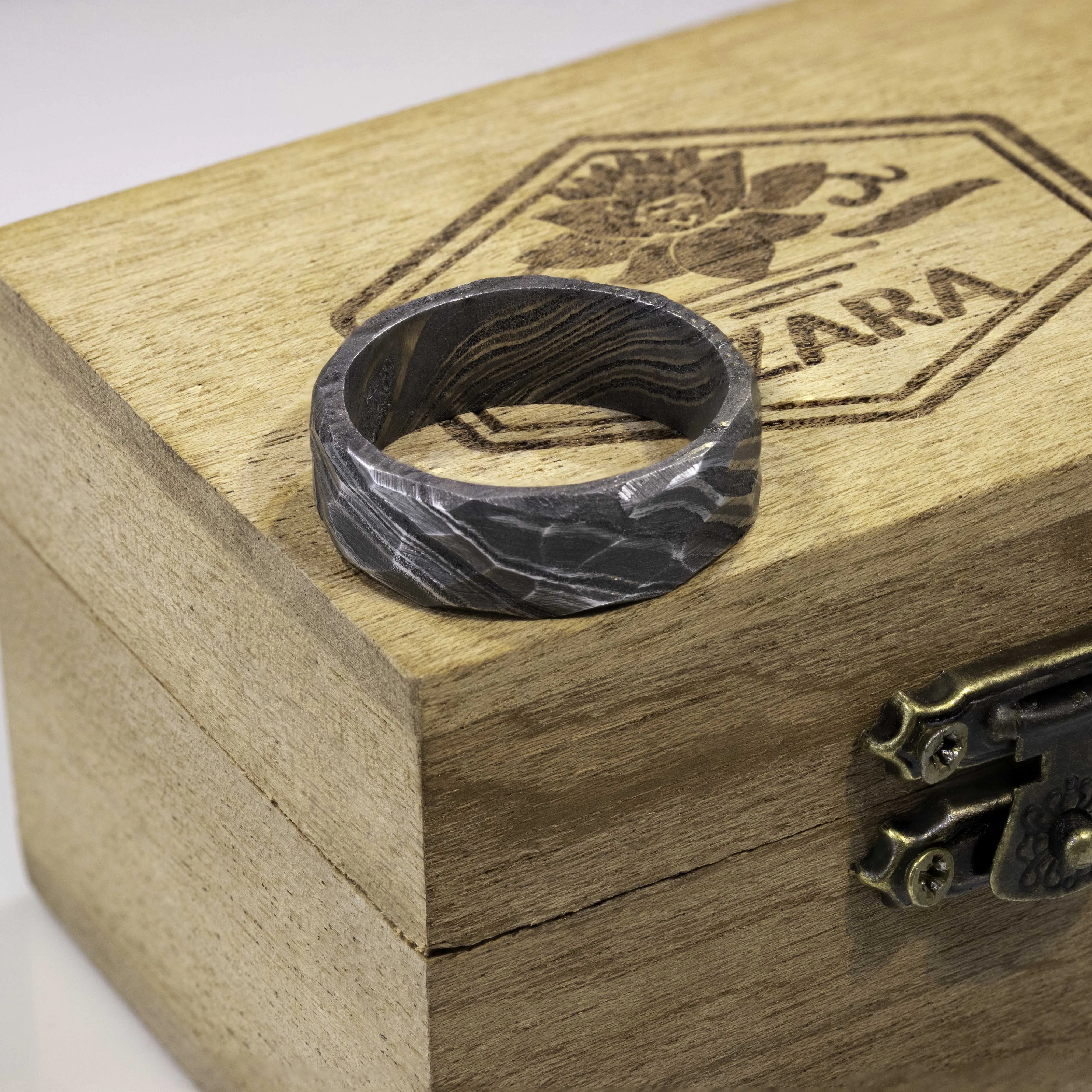 Damascus Steel Ring with Rock Hammer Finish