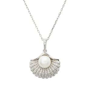 Deco Fan and Pearl Pendant Necklace in Silver