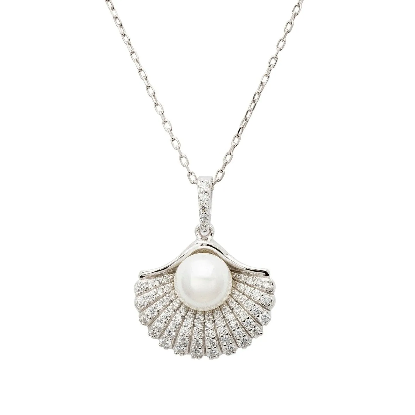Deco Fan and Pearl Pendant Necklace in Silver