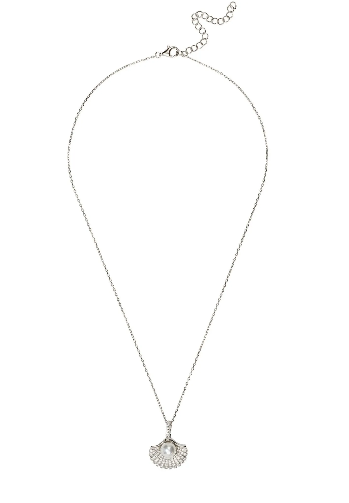 Deco Fan and Pearl Pendant Necklace in Silver