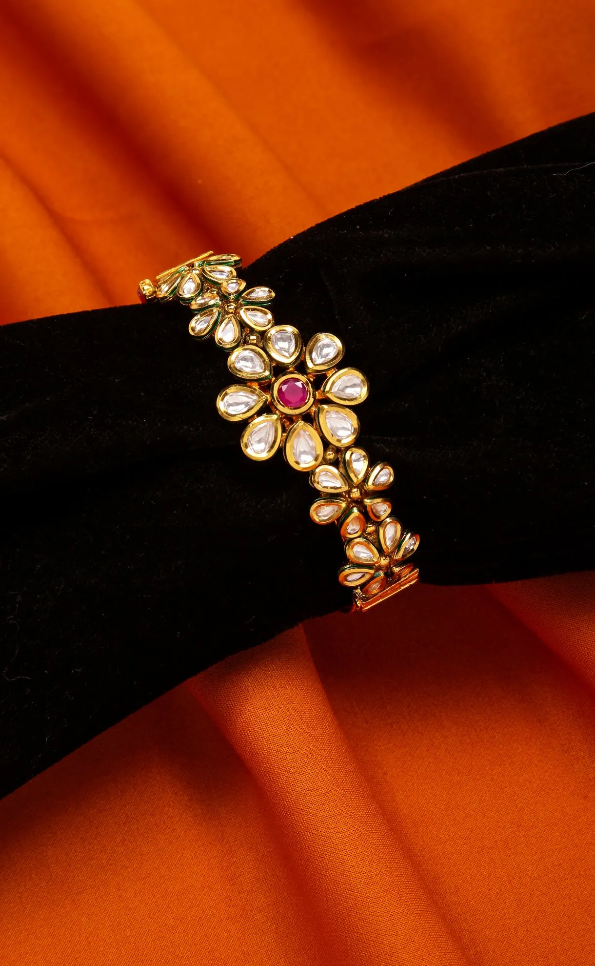 Designer Gold Plated Royal Kundan Openable Bracelet (Design 109)