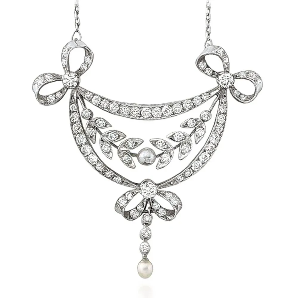 Edwardian Diamond and Pearl Lavaliere Pendant in Filigree Platinum
