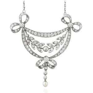 Edwardian Diamond and Pearl Lavaliere Pendant in Filigree Platinum