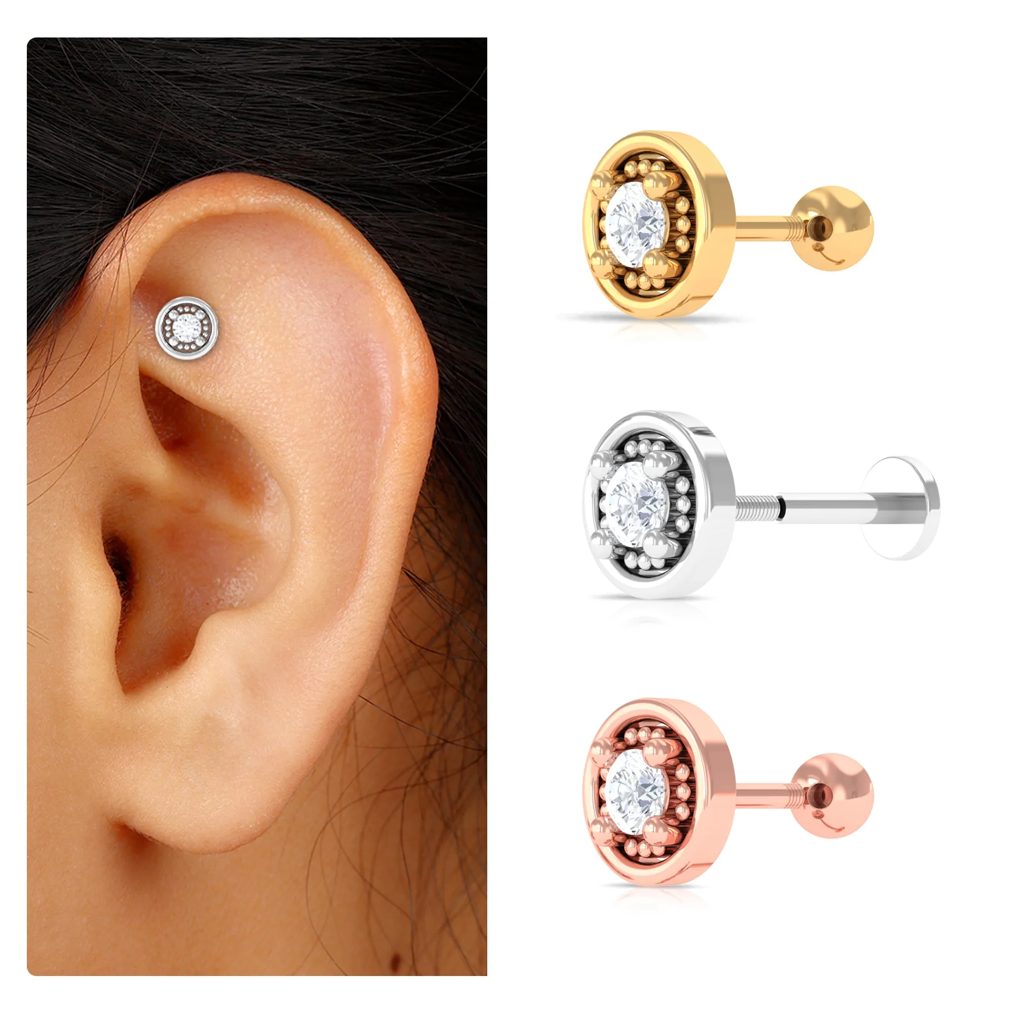 Elegant Moissanite Gold Circle Earring for Helix Piercing