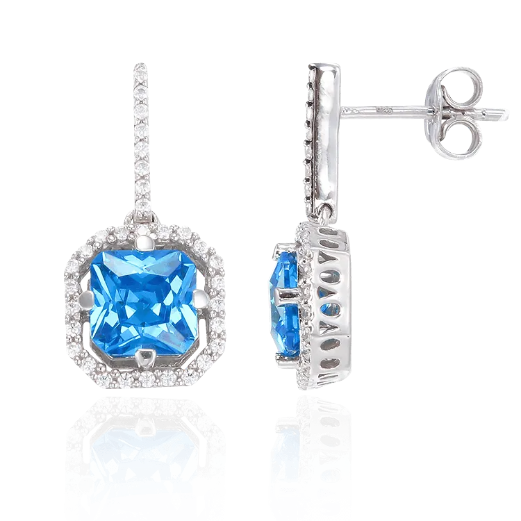 Elegant Sparkling Blue Drop Earrings with Halo