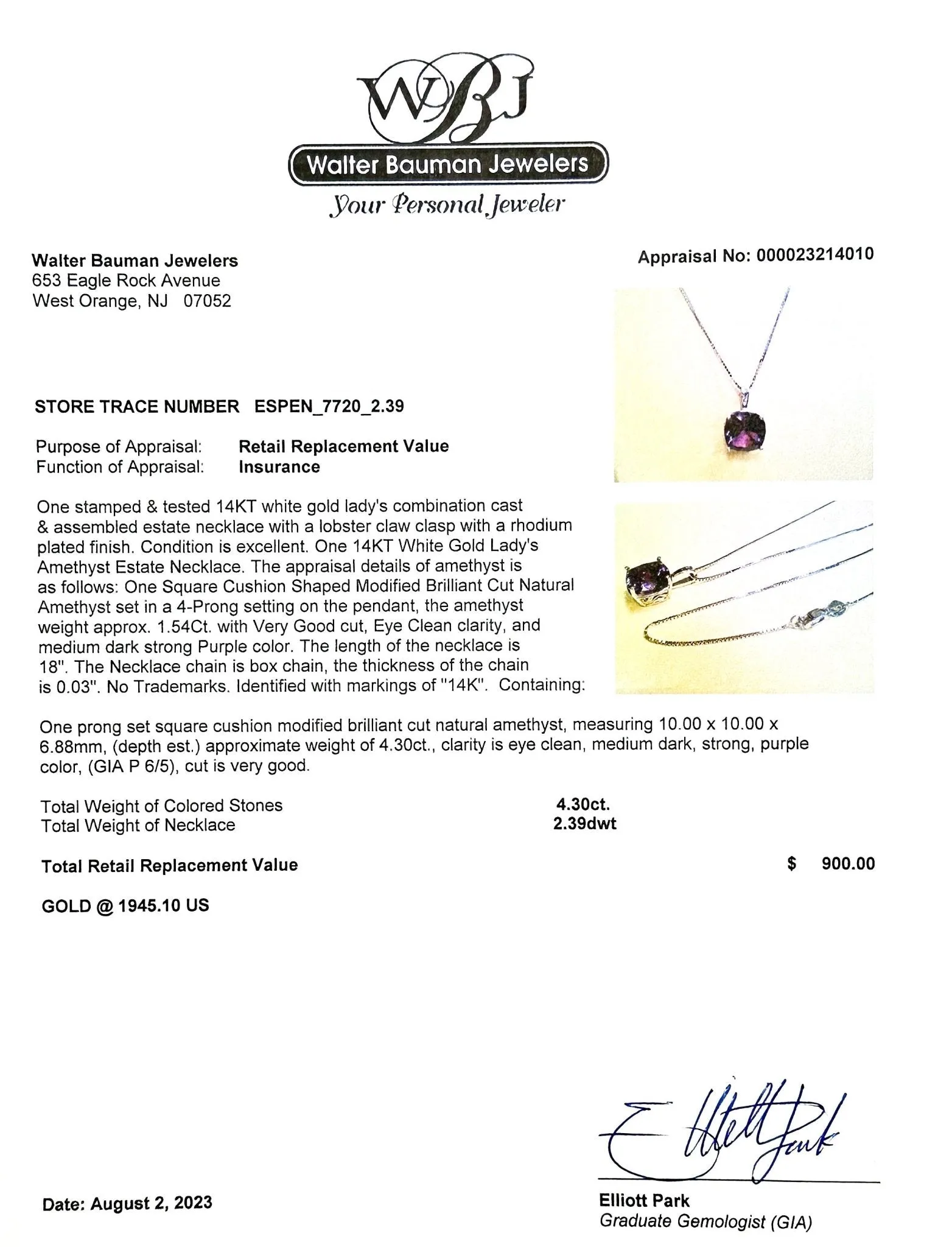 Estate 14K W Gold 4.30ct Amethyst Pendant