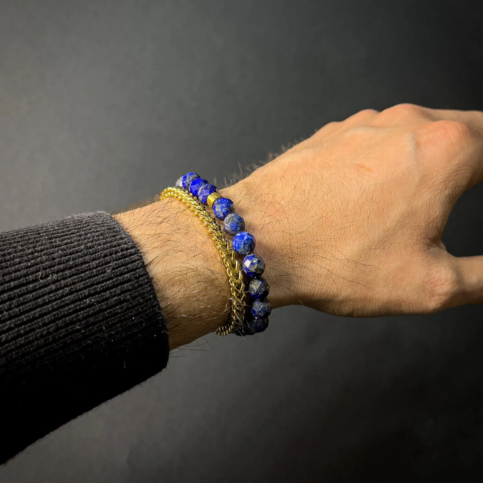 Faceted Lapis Lazuli And Gold-Plated Franco Chain Bracelet Stack