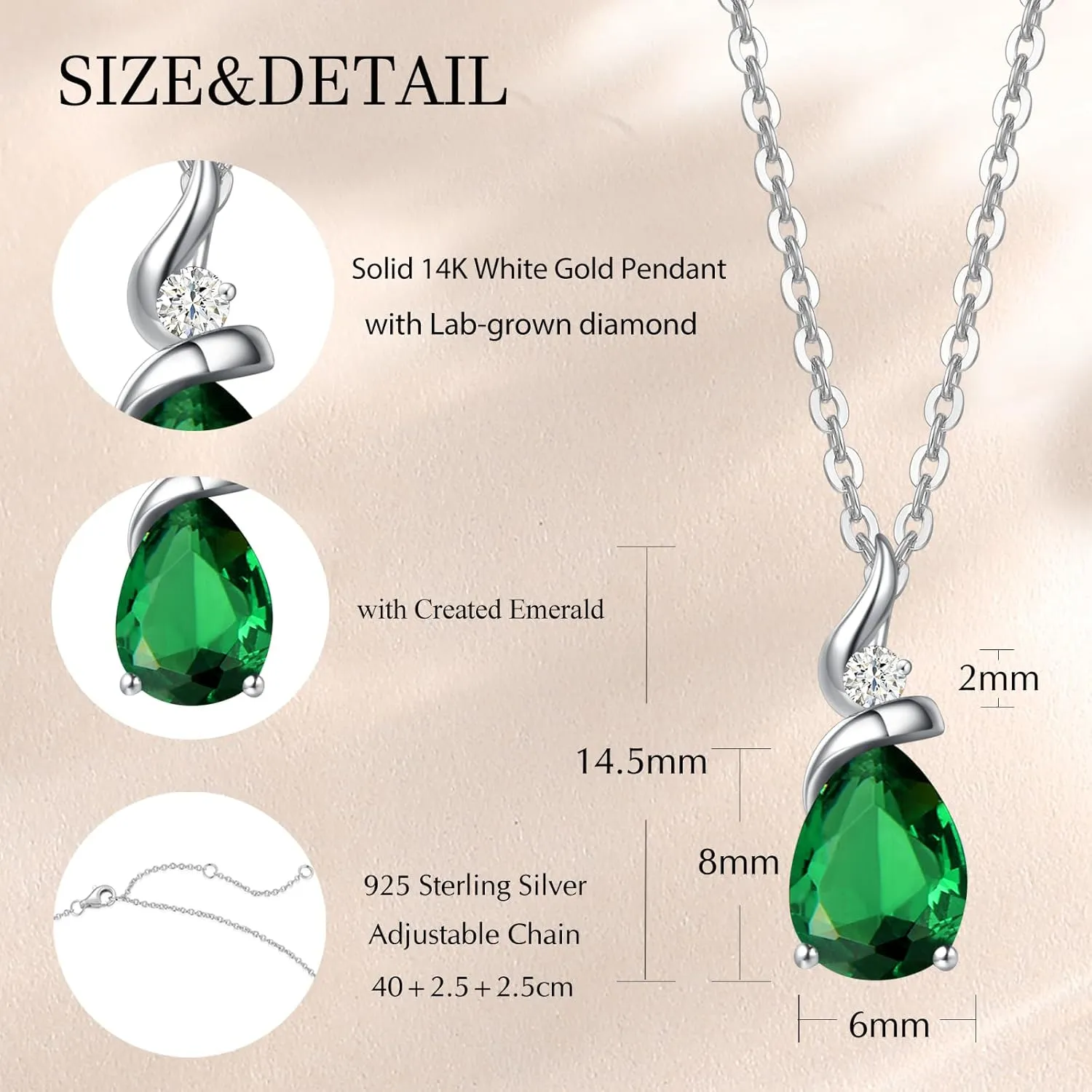 FANCIME 14K Solid White Gold Birthstone Pendant Necklace for Women with Diamond Pear Shaped Teardrop Necklace Birthday Gifts for Mom Women Sterling Silver Chain 16"   2" Extender