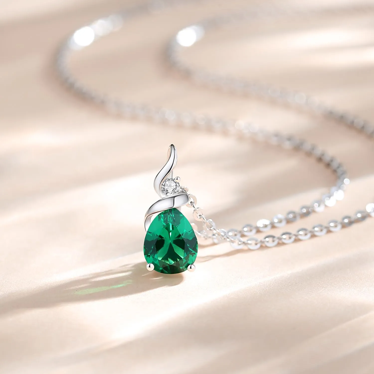 FANCIME 14K Solid White Gold Birthstone Pendant Necklace for Women with Diamond Pear Shaped Teardrop Necklace Birthday Gifts for Mom Women Sterling Silver Chain 16"   2" Extender