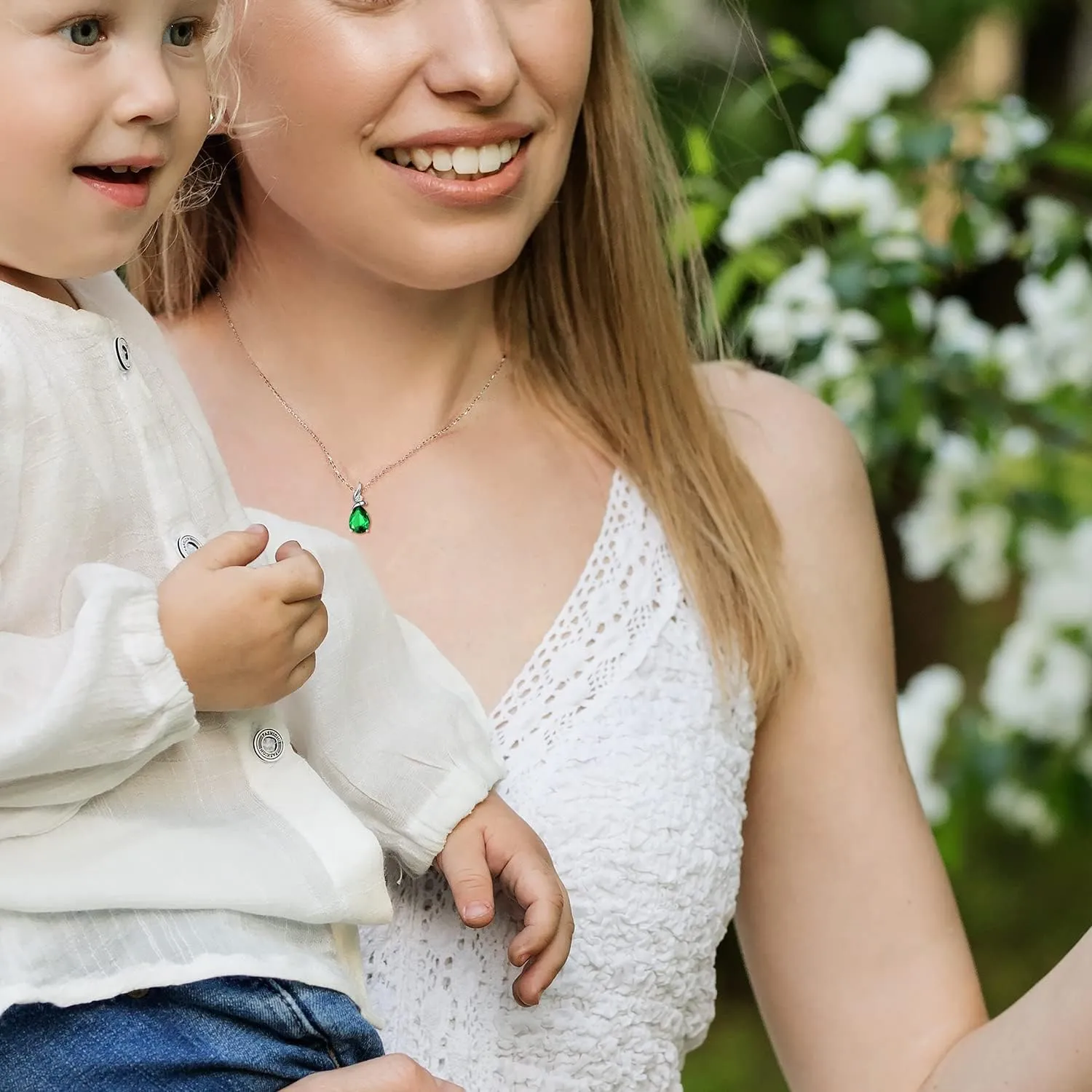 FANCIME 14K Solid White Gold Birthstone Pendant Necklace for Women with Diamond Pear Shaped Teardrop Necklace Birthday Gifts for Mom Women Sterling Silver Chain 16"   2" Extender