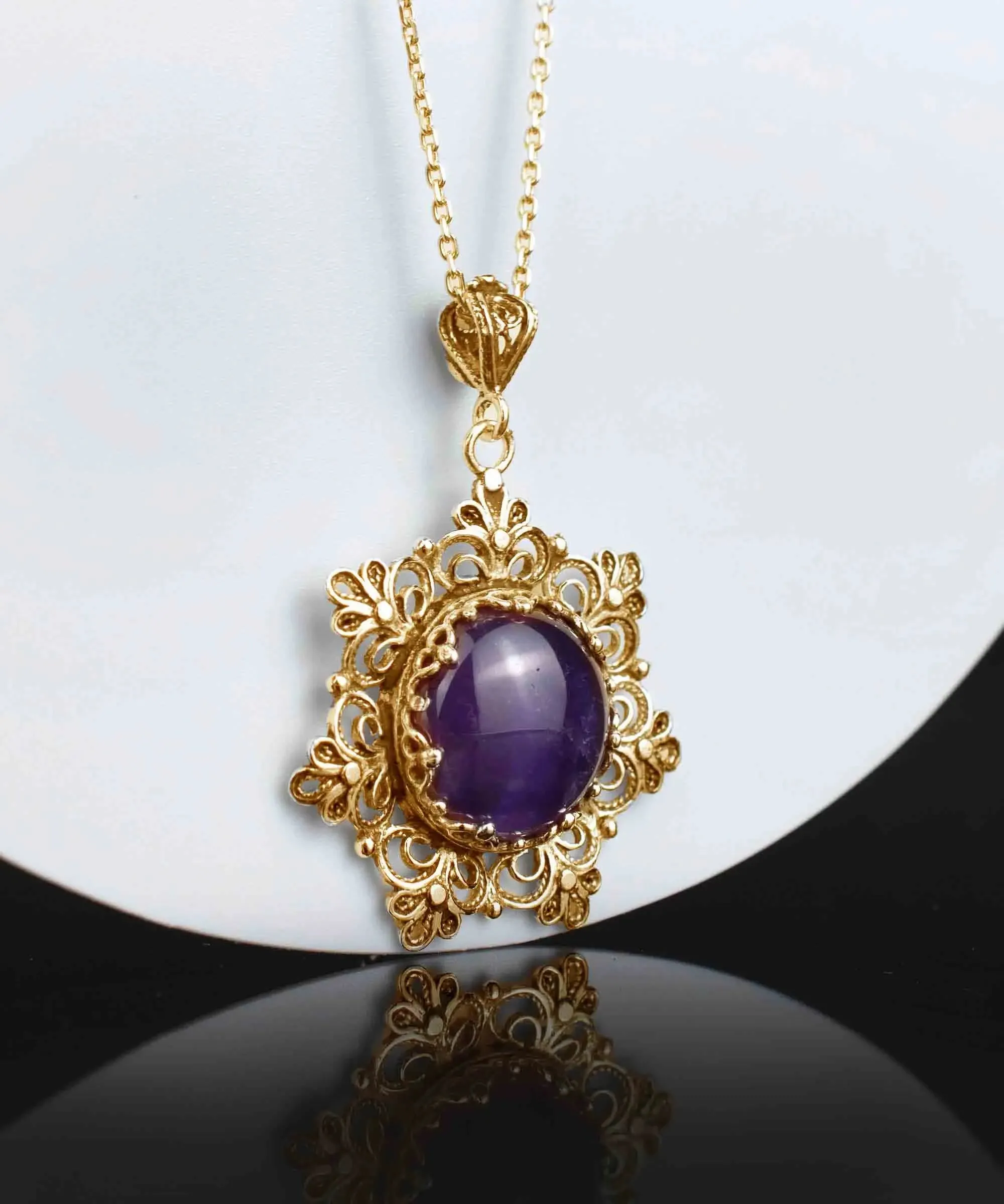 Filigree Gold Plated Silver Flower Amethyst Gemstone Woman Pendant Necklace