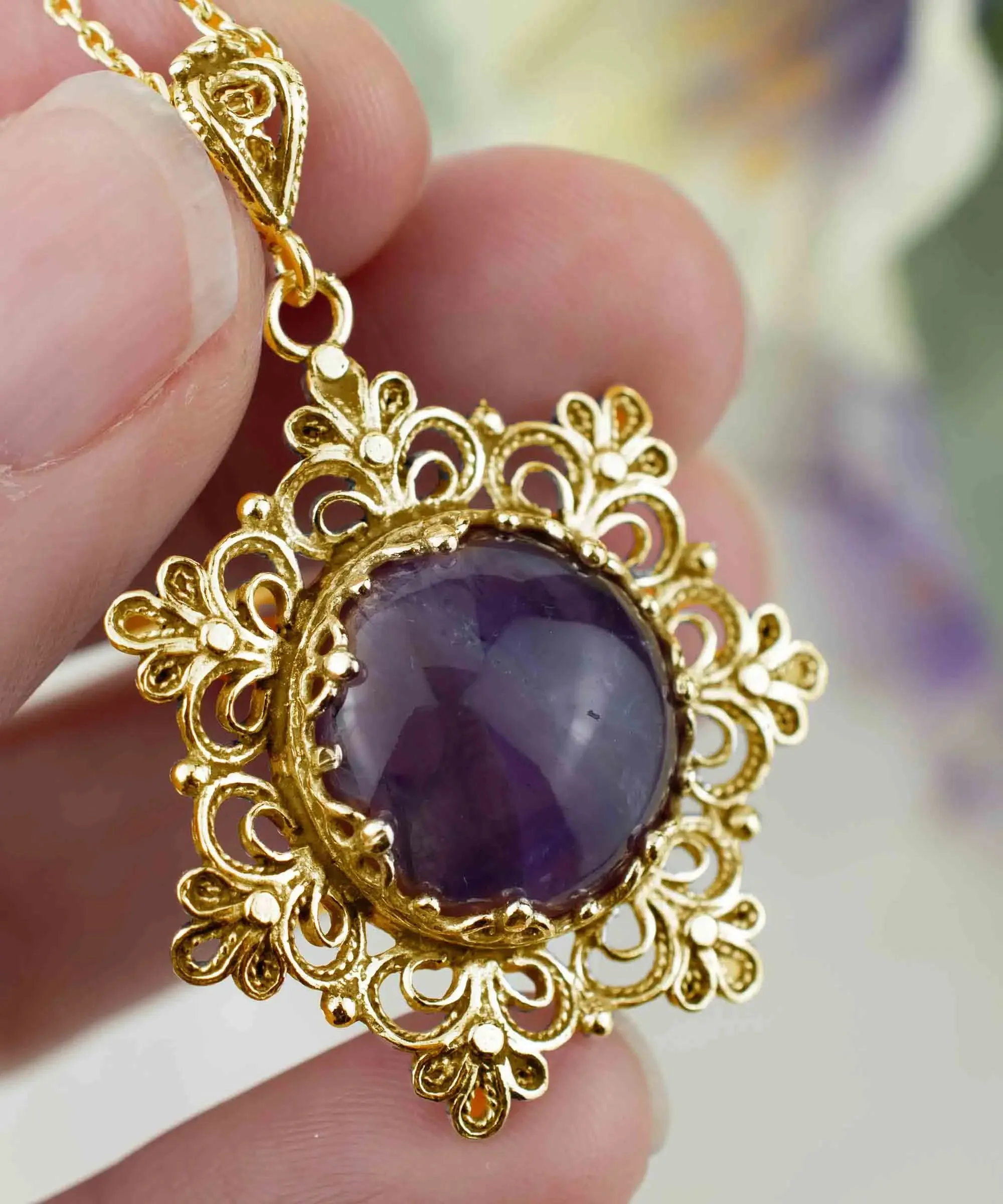 Filigree Gold Plated Silver Flower Amethyst Gemstone Woman Pendant Necklace