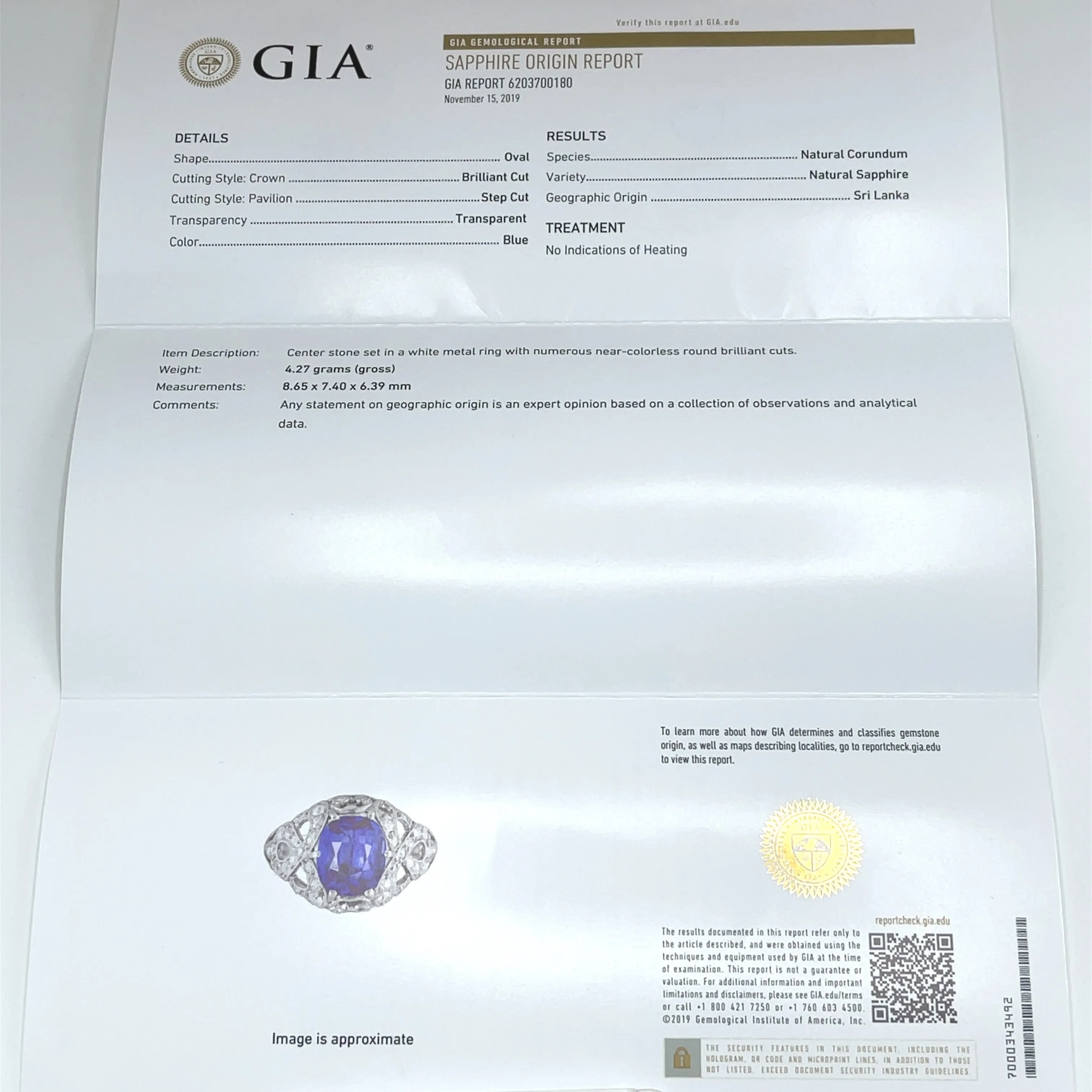 GIA Certified No Heat Blue Sapphire & Diamond Ring Size 5