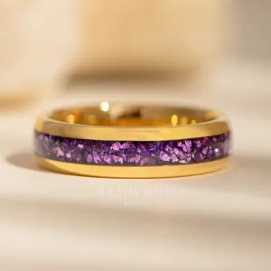 Gold Plated Tungsten Ring with Lab-Created Amethyst Inlay - 6MM