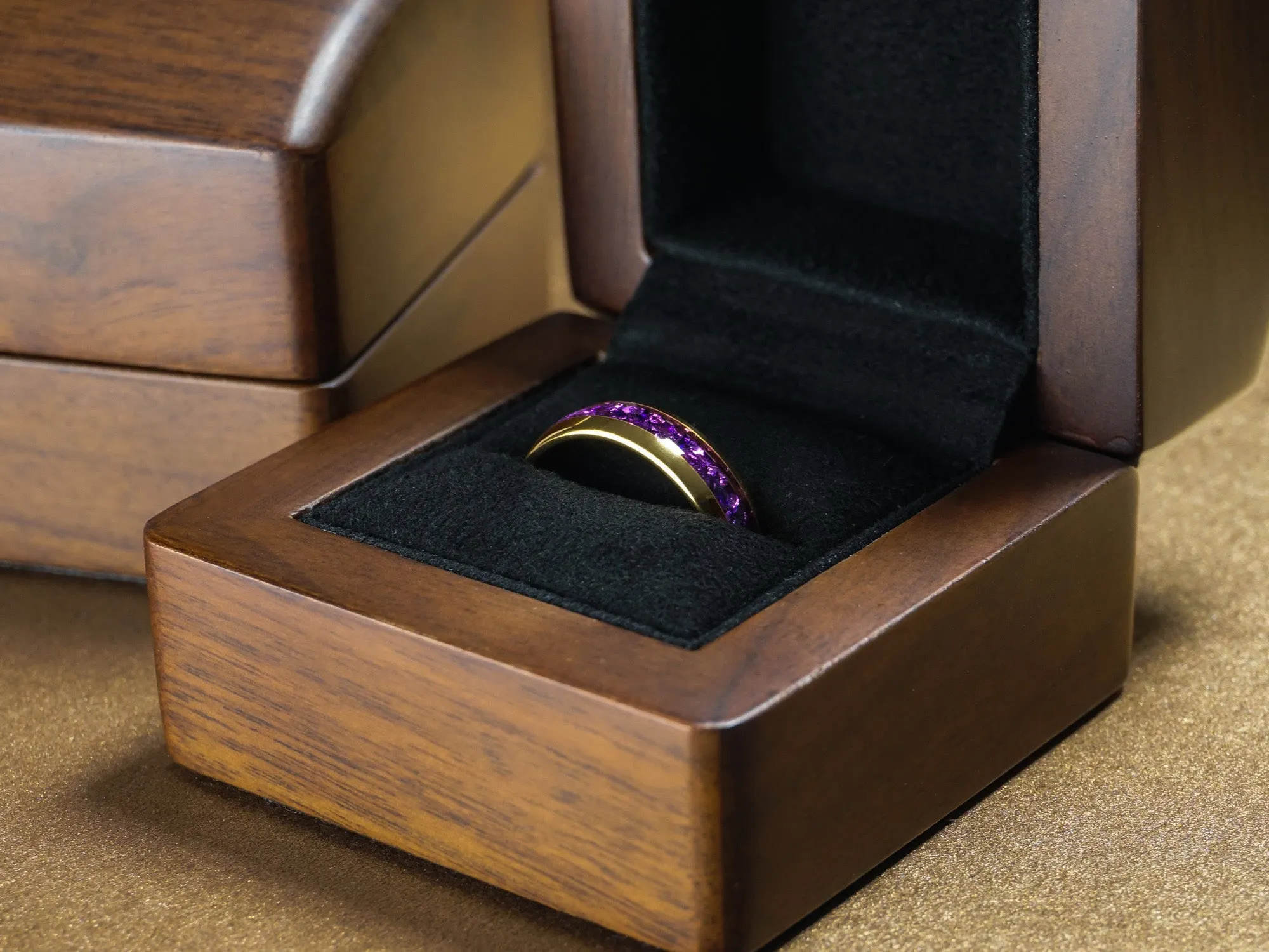 Gold Plated Tungsten Ring with Lab-Created Amethyst Inlay - 6MM