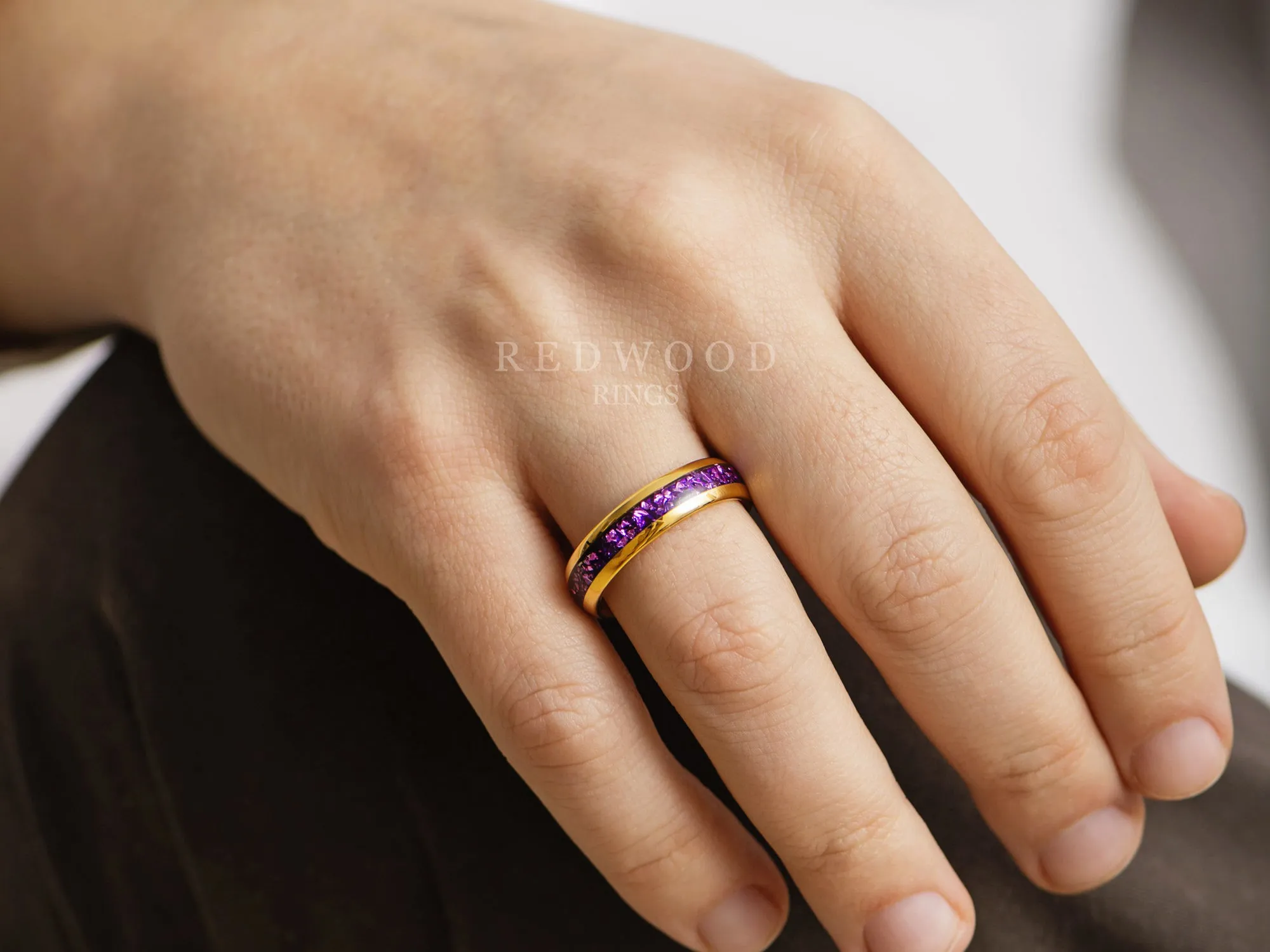 Gold Plated Tungsten Ring with Lab-Created Amethyst Inlay - 6MM