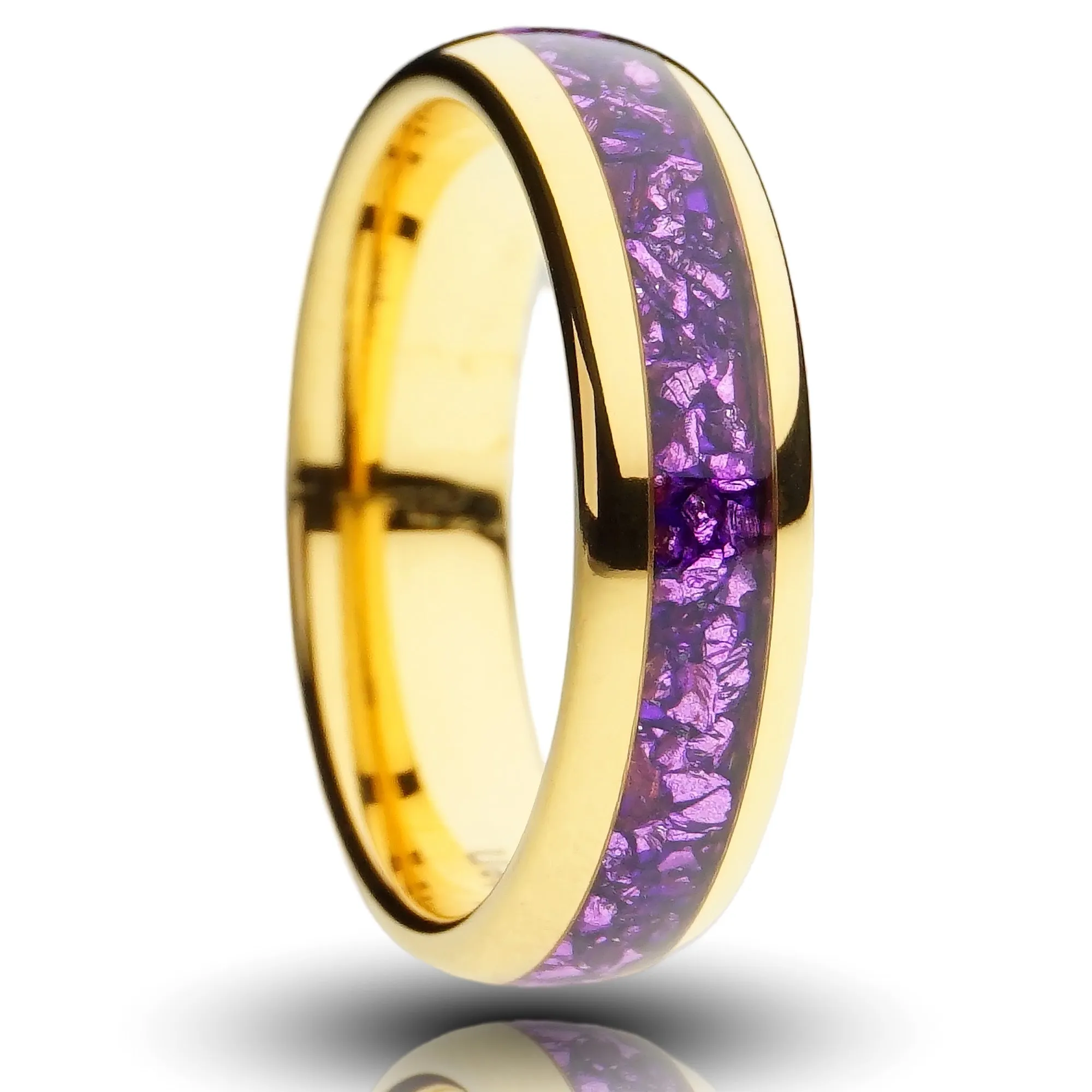 Gold Plated Tungsten Ring with Lab-Created Amethyst Inlay - 6MM