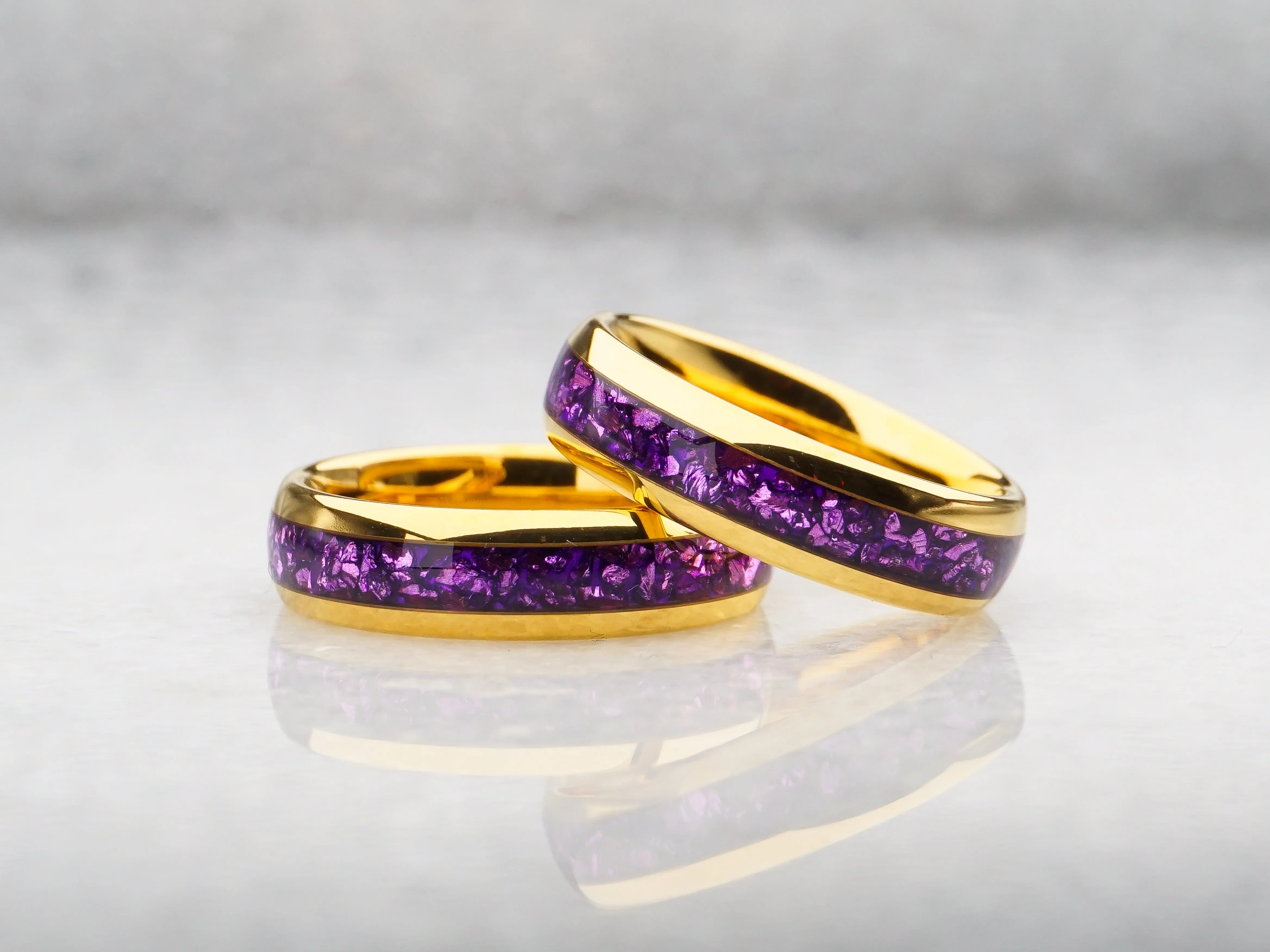 Gold Plated Tungsten Ring with Lab-Created Amethyst Inlay - 6MM
