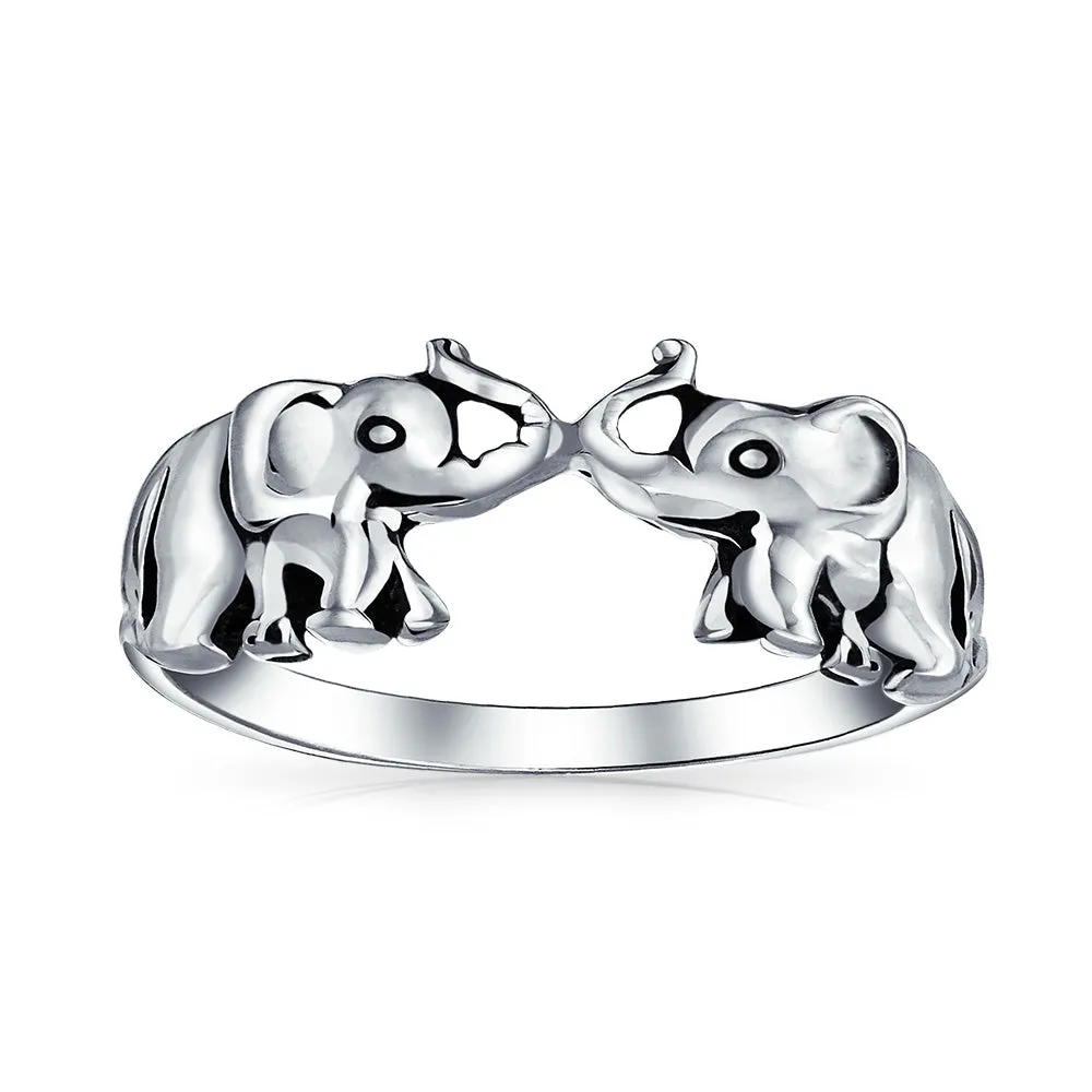 Good Luck Trunk Up Elephant Silver Ring in Oxidized Sterling Silver