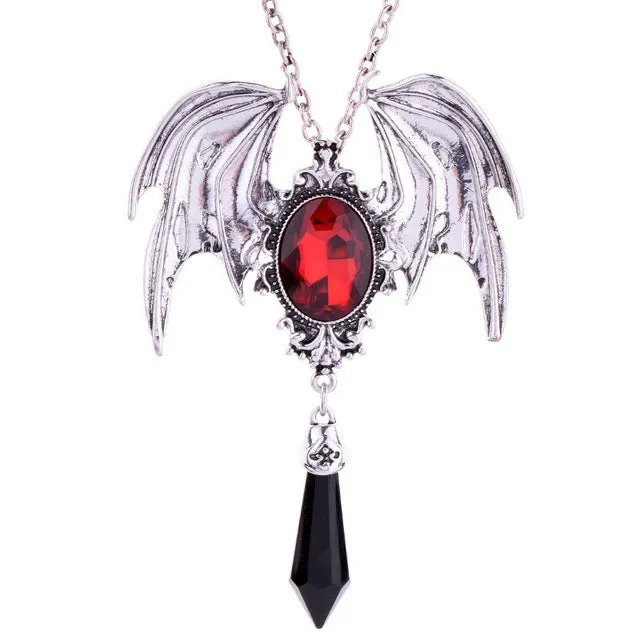 Goth Halloween Red Crystal Bat Pendant