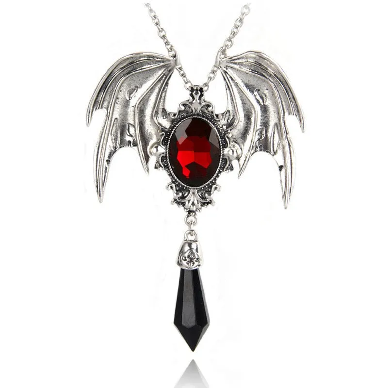 Goth Halloween Red Crystal Bat Pendant