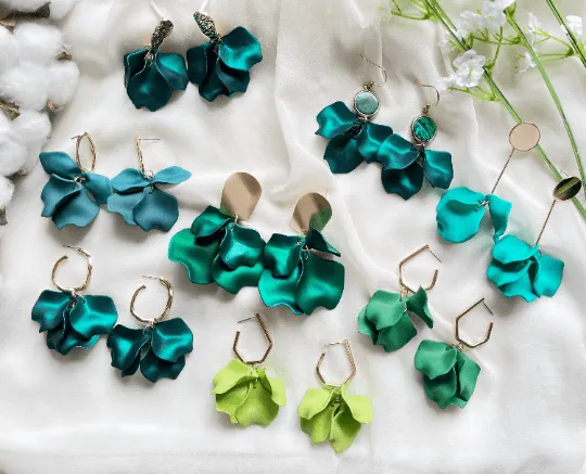 Green - Light green flower earrings | dangle petals statement earrings | unique golden bar floral earrings | bridal party wedding earrings