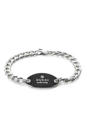 Gucci Trademark Chain Silver Bracelet with Black Enamel Tag YBA797043001