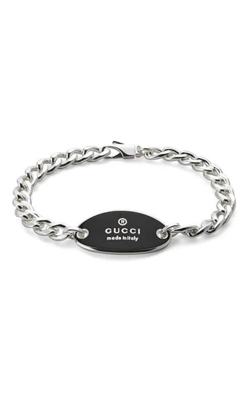 Gucci Trademark Chain Silver Bracelet with Black Enamel Tag YBA797043001