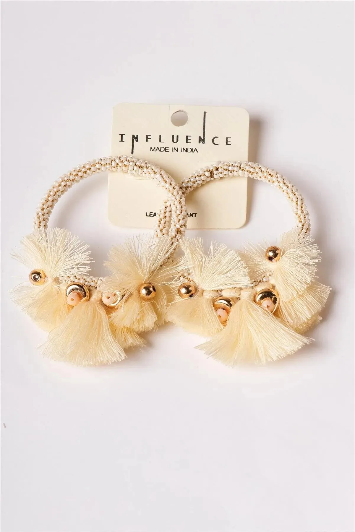 Ivory Beaded Hoop Tassel Earrings /3 Pairs