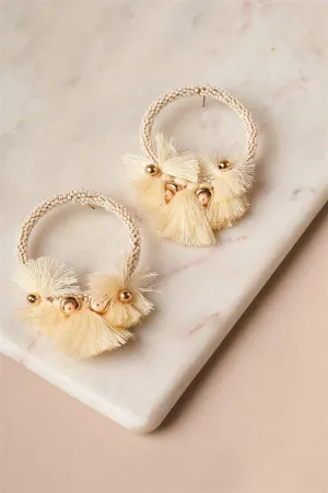 Ivory Beaded Hoop Tassel Earrings /3 Pairs
