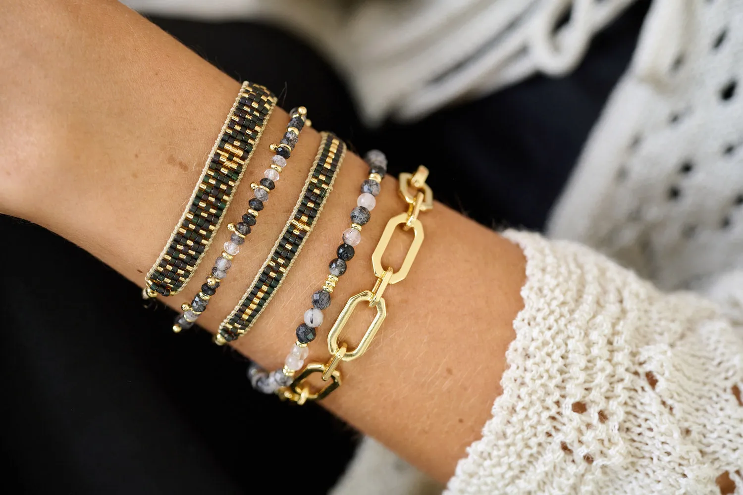 Keramas Black Rutilated Quartz Gold Bracelet Stack