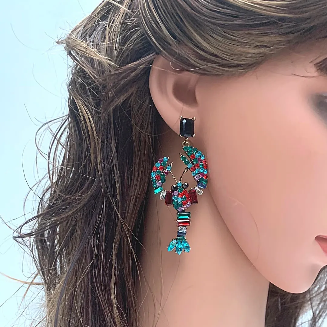 Large Colorful Rhinestone Lobster Dangling Earrings