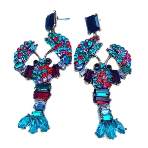Large Colorful Rhinestone Lobster Dangling Earrings