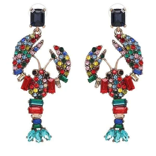 Large Colorful Rhinestone Lobster Dangling Earrings