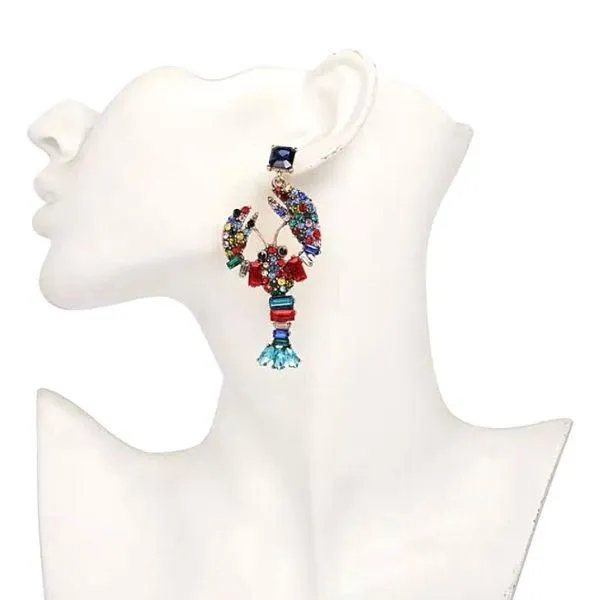 Large Colorful Rhinestone Lobster Dangling Earrings