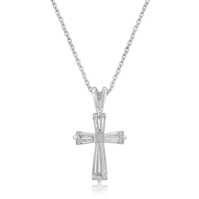 LOVCIA Glimmering Rhodium Cross Necklace with Emerald Cut Stone