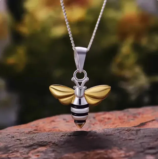 LOVCIA Honey Bee Jewelry Set - Sterling Silver Honey Bee Pendant & Stud Earrings Set