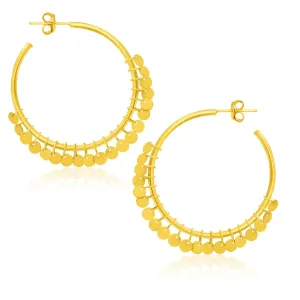 LOVCIA Luxury 14k Yellow Gold Bohemian Hoop Earrings with Dangling Round Sequins (30mm)